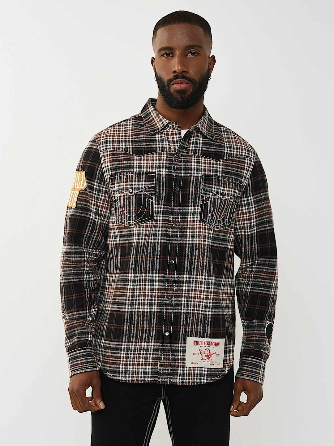 TRUE RELIGION SHIRT PLAID BIG T WESTERN BROWN-BLACK-WHITE  True Religion
