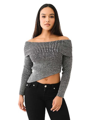 TRUE RELIGION HS LOGO OFF SHOULDER SWEATER WASHED BLACK-True Religion