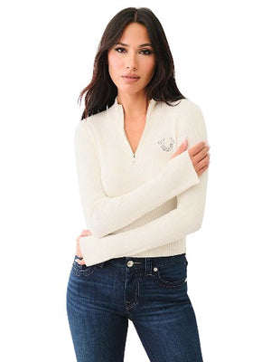 TRUE RELIGION CRYSTAL TR ZIP MOCK NECK LS WINTER WHITE-True Religion