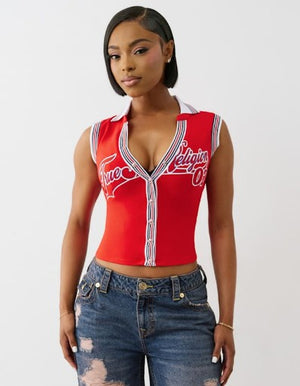 True Religion Sporty Terry Polo Top Flame Scarlet