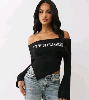 True Religion T-Shirt Printed Crystal Asym Off Shoulder Jet Black