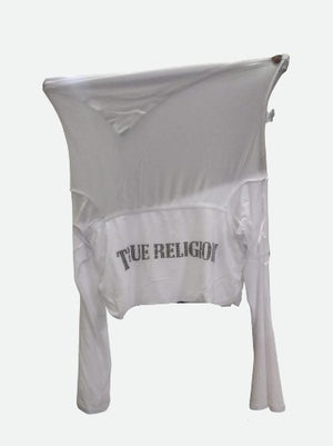 True Religion T-Shirt Printed Crystal Asym Off Shoulder Optic White