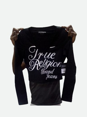 True Religion T-Shirt Crystal Branded V Neck Ls Bby Jet Black