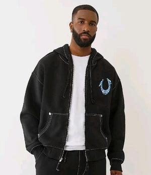 True Religion Hoodie Hs Paint Cinched Big T Zip Up Jet Black