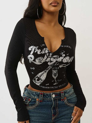 True Religion T-Shirt Glitter Ribbed Notch Ls Jet Black