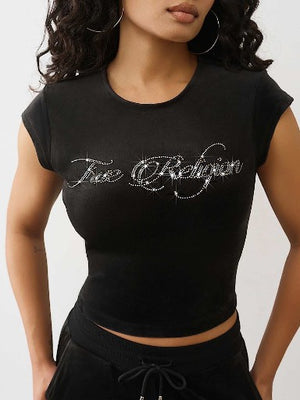 True Religion T-Shirt Crystal Tr Velour Ss Baby Black