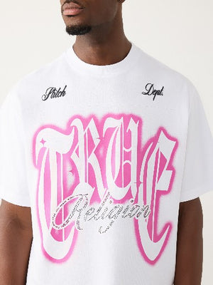 True Religion T-Shirt Xl Crystal Logo Boxy Optic White