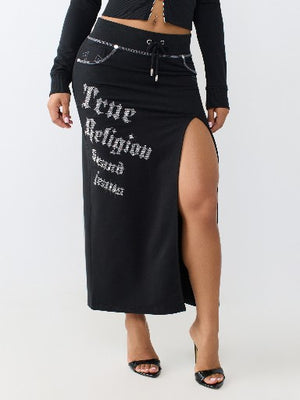 True Religion Skirt Lr Crystl Side Slit Midi Jet Black