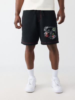 True Religion Shorts Buddha Face Big T Fleece Jet Black