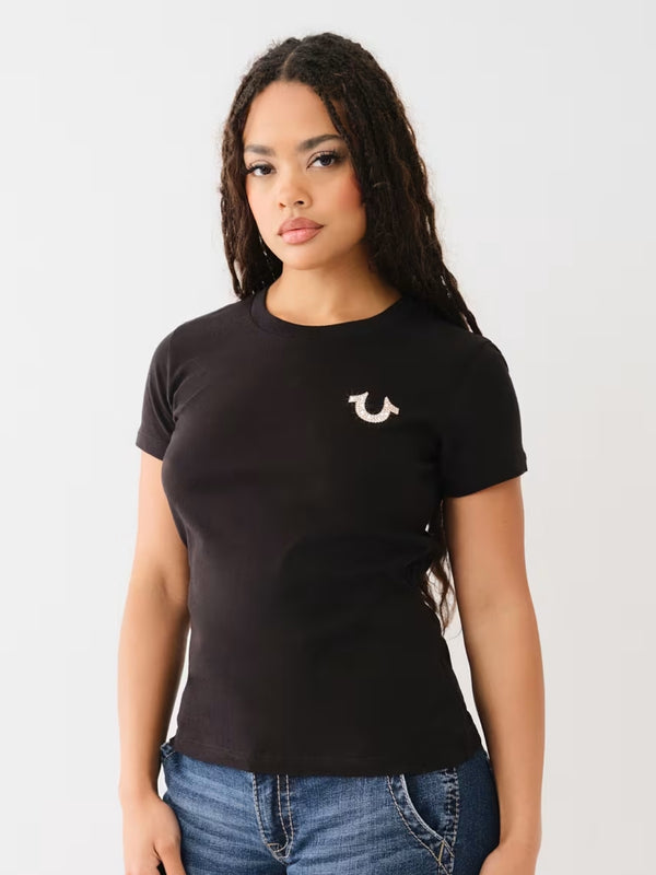 True Religion T-Shirt Crystal Horseshoe Jet Black