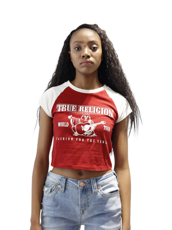 True Religion Contrast Raglan T-Shirt Baby Tee Red Dahlia