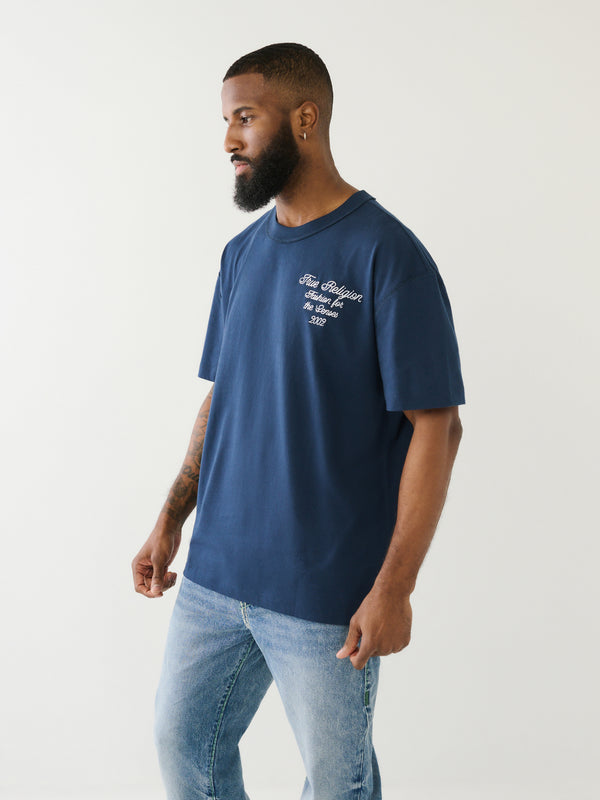 True Religion Drop Shoulder T-Shirt Embro Dress Blue