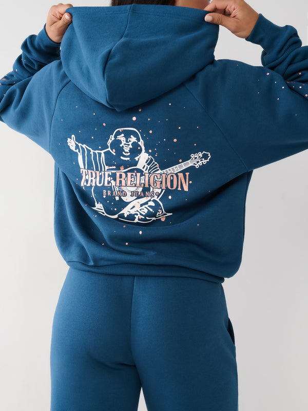 True Religion Sweater Ladies Paint Splatter Logo Hoodie Majolica Blue