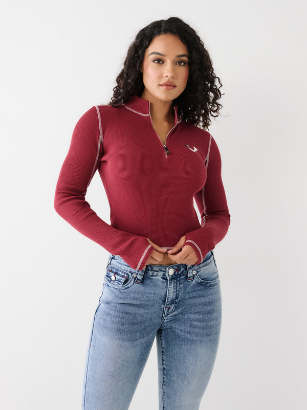 True Religion Sweater Ladies Zip Front Contrast Tibetan Red