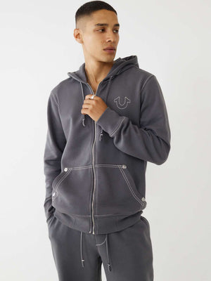 True Religion Sweater Big T Zip Up Hoodie Iron Gate/Winter White-True Religion