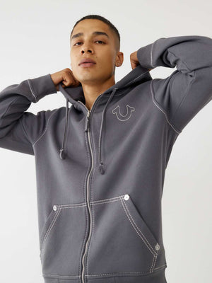 True Religion Sweater Big T Zip Up Hoodie Iron Gate/Winter White-True Religion