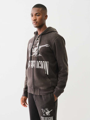 True Religion Sweater Vinatge Crackle Zip Up Hoodie Jet Black-True Religion