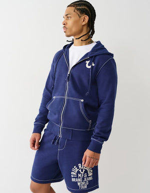 True Religion Big T Slub Zip Up Hoodie Medieval Blue