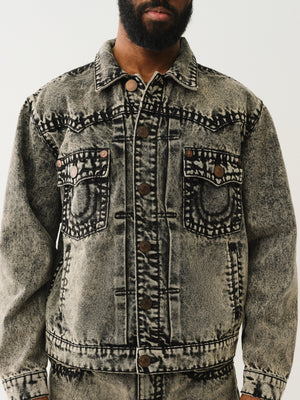 True Religion Super T Oversized Denim Jacket Retro Active Acid Wash-True Religion