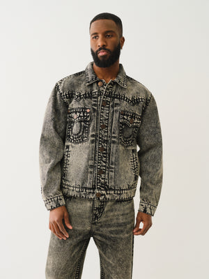 True Religion Super T Oversized Denim Jacket Retro Active Acid Wash-True Religion