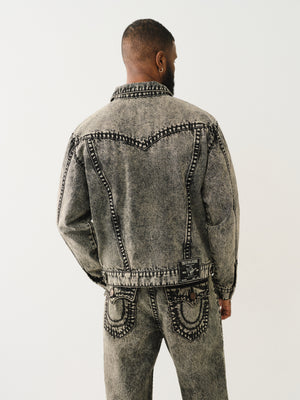 True Religion Super T Oversized Denim Jacket Retro Active Acid Wash-True Religion