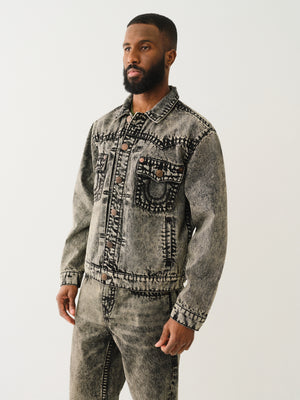 True Religion Super T Oversized Denim Jacket Retro Active Acid Wash-True Religion