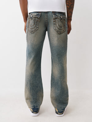 True Religion Jeans Ricky Big T Flap 34In Warm Sand Med Wash With Rips