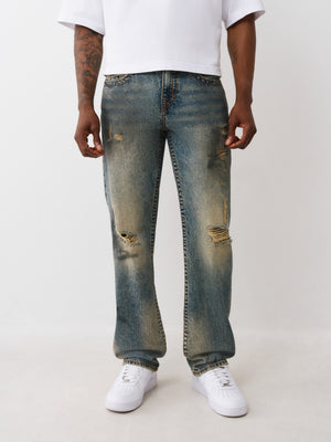True Religion Jeans Ricky Big T Flap 34In Warm Sand Med Wash With Rips
