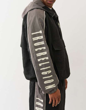 True Religion Color Block Anorak Jacket Jet Black / Granite Grey