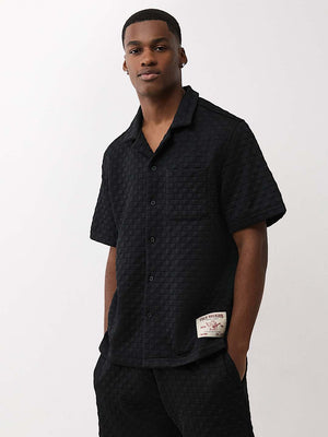 True Religion Shirt Checkered Camp Collar Jet Black