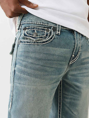TRUE RELIGION JEANS RICKY ROPE STITCH FLAP 34IN RHYTHM RUSH LIGHT WASH