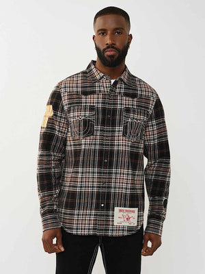 TRUE RELIGION SHIRT PLAID BIG T WESTERN BROWN-BLACK-WHITE