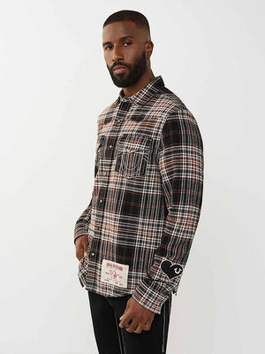 TRUE RELIGION SHIRT PLAID BIG T WESTERN BROWN-BLACK-WHITE
