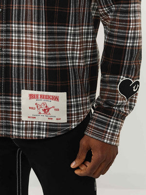 TRUE RELIGION SHIRT PLAID BIG T WESTERN BROWN-BLACK-WHITE