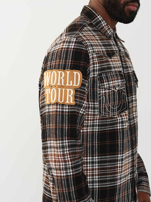 TRUE RELIGION SHIRT PLAID BIG T WESTERN BROWN-BLACK-WHITE