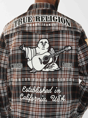 TRUE RELIGION SHIRT PLAID BIG T WESTERN BROWN-BLACK-WHITE