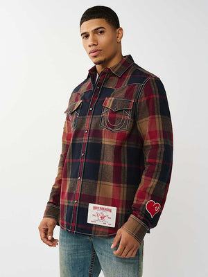 TRUE RELIGION SHIRT PLAID BIG T WESTERN BLUE-TAN-RED