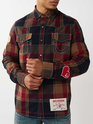 TRUE RELIGION SHIRT PLAID BIG T WESTERN BLUE-TAN-RED