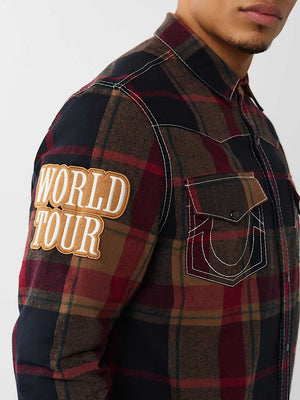 TRUE RELIGION SHIRT PLAID BIG T WESTERN BLUE-TAN-RED
