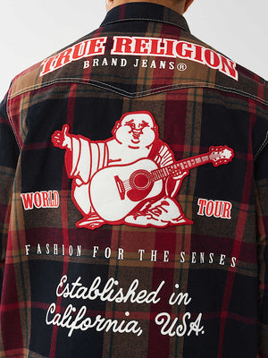 TRUE RELIGION SHIRT PLAID BIG T WESTERN BLUE-TAN-RED