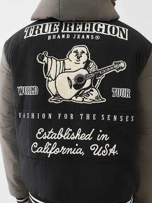 TRUE RELIGION JACKET VARSITY HOODED PUFFER JET BLACK-GRANITE GREY
