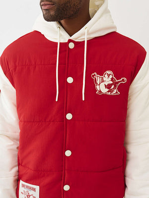 TRUE RELIGION JACKET VARSITY HOODED PUFFER RED-WINTER WHITE