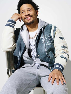 True Religion Jacket Denim Print Retro Varsity Jkt Denim / Winter Wht