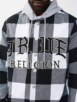 TRUE RELIGION SHIRT HOODED FLANNEL BLACK-WHITE
