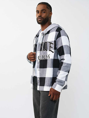 TRUE RELIGION SHIRT HOODED FLANNEL BLACK-WHITE