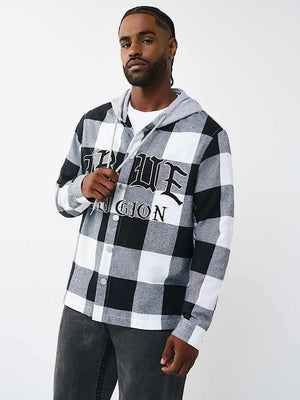 TRUE RELIGION SHIRT HOODED FLANNEL BLACK-WHITE