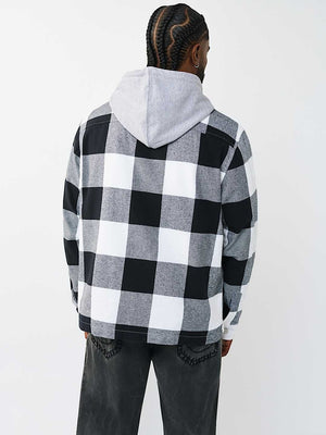 TRUE RELIGION SHIRT HOODED FLANNEL BLACK-WHITE
