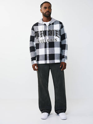 TRUE RELIGION SHIRT HOODED FLANNEL BLACK-WHITE