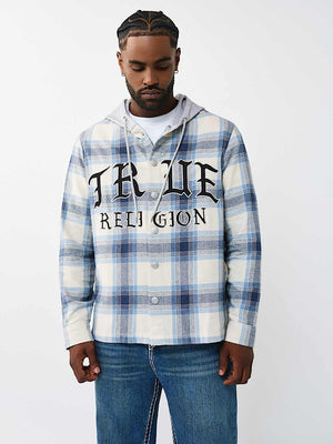 TRUE RELIGION SHIRT HOODED FLANNEL WINTER WHITE-BLUE