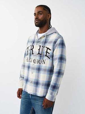 TRUE RELIGION SHIRT HOODED FLANNEL WINTER WHITE-BLUE